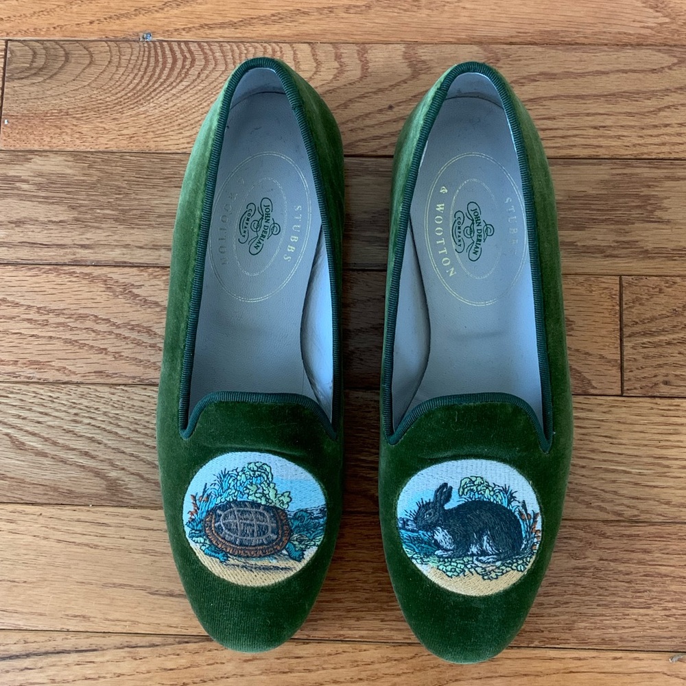 Stubbs & Wootton Green Velvet Loafers with Embroidery